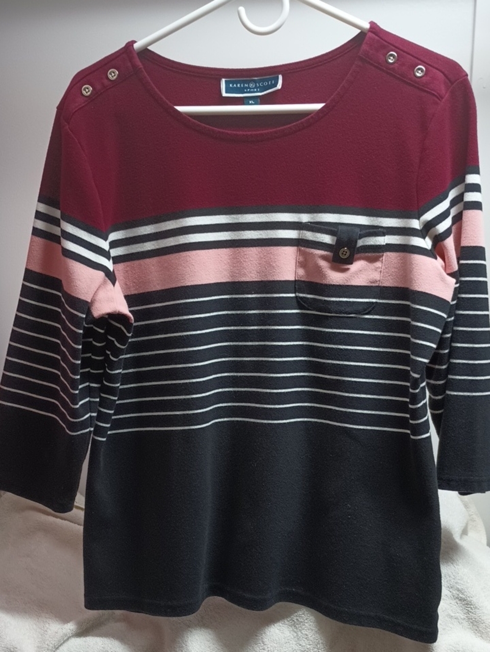Karen Scott Striped Crewneck Sweater - Burgundy, Pink & Black